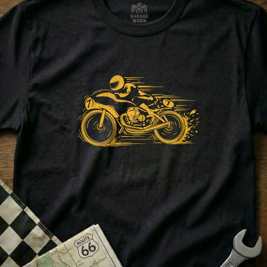 Yellow motorcycle racer graphic on black t-shirt.