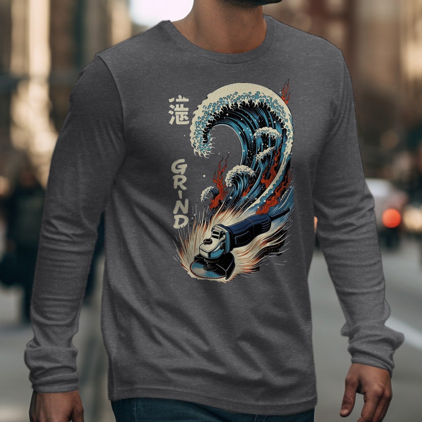Japanese Wave and Grinder Design Long Sleeve Shirt