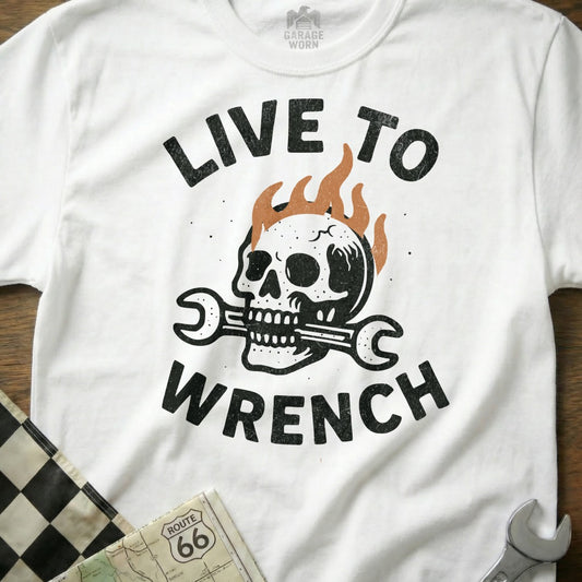 Live to Wrench Skull and Flame Graphic T-shirt