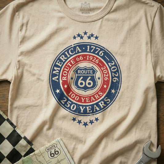 Cream t-shirt with Route 66 centennial 1926-2026 logo.