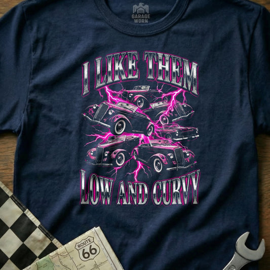 Dark blue t-shirt with graphic of hot rods and text "I LIKE THEM LOW AND CURVY".