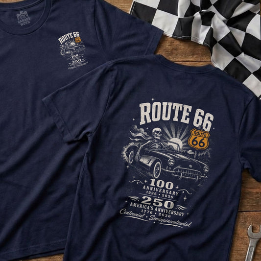 Navy t-shirt with Route 66 skeleton driving classic car graphic and anniversary text.