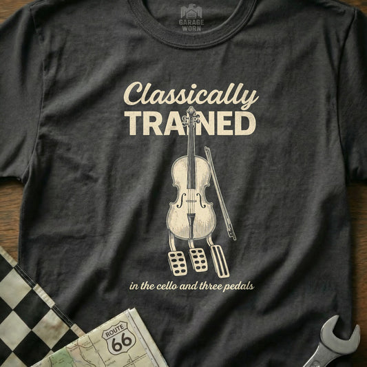 T-shirt with "Classically Trained" and cello with three pedals graphic.