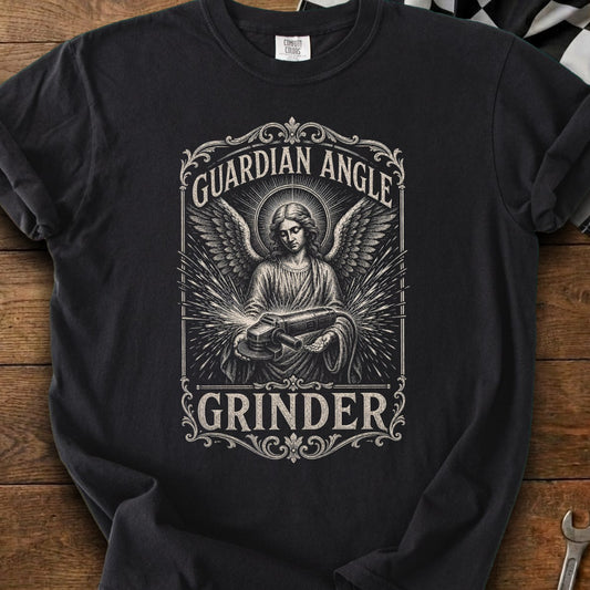 Black t-shirt with vintage angel holding a grinder graphic and text.