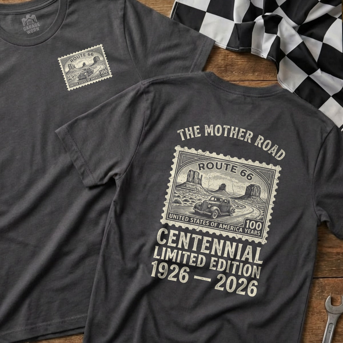 Dark grey t-shirts with Route 66 Centennial design and car illustration.