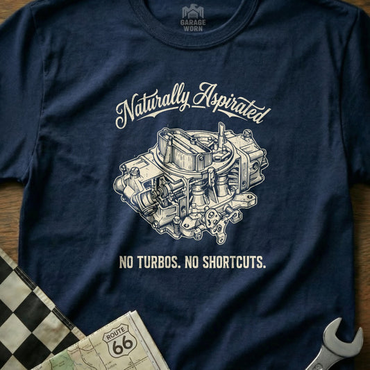 Navy t-shirt with vintage carburetor illustration and text "Naturally Aspirated. NO TURBOS. NO SHORTCUTS."