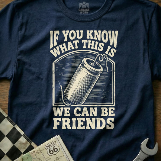 Navy t-shirt with illustration and text "If you know what this is we can be friends."