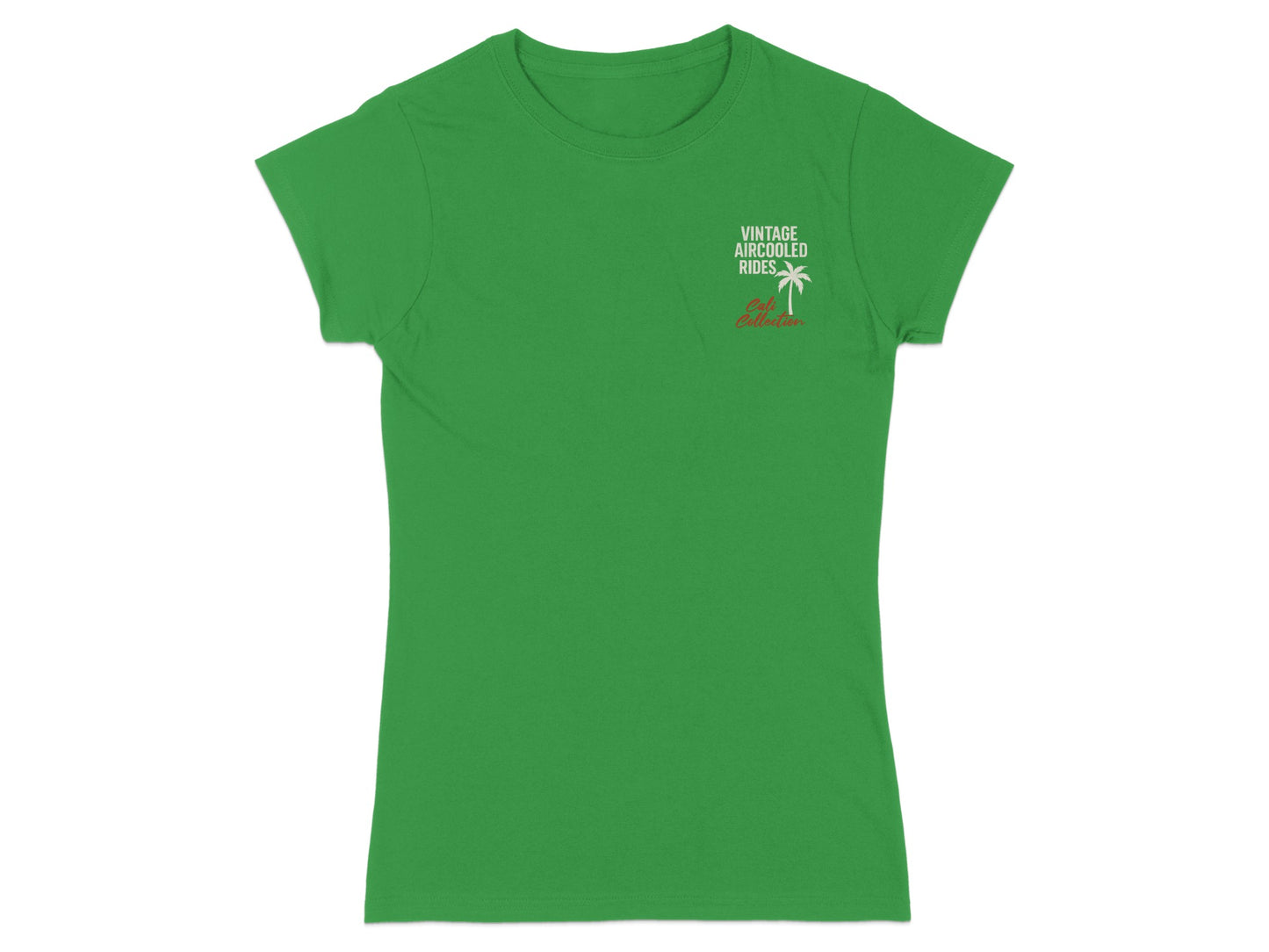Green t-shirt with "VINTAGE AIRCOOLED RIDES Cali Collection" and a palm tree.