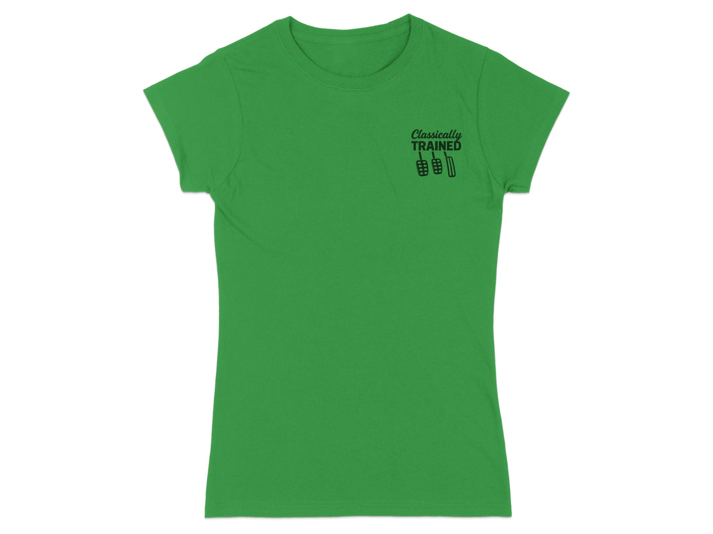 Green t-shirt with "Classically Trained" text and barbell graphic.
