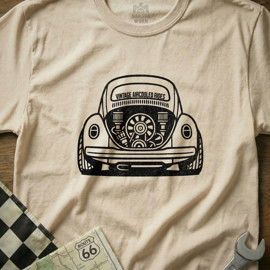 T-shirt with vintage air-cooled Volkswagen Beetle engine graphic.