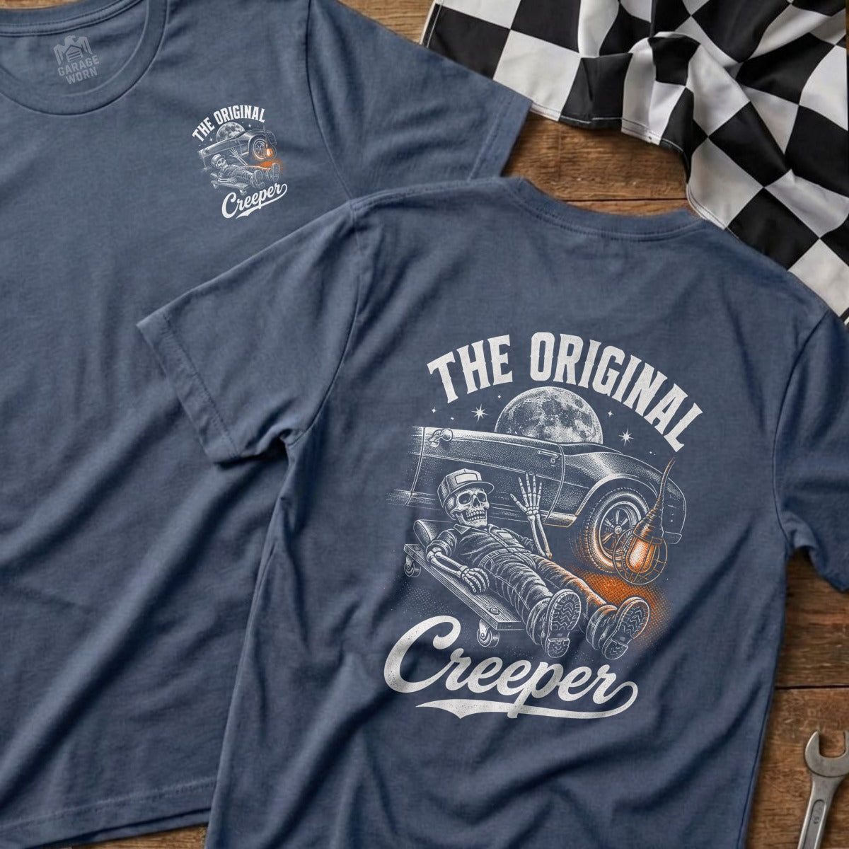 T-shirt with skeleton mechanic on creeper and "The Original Creeper" text.