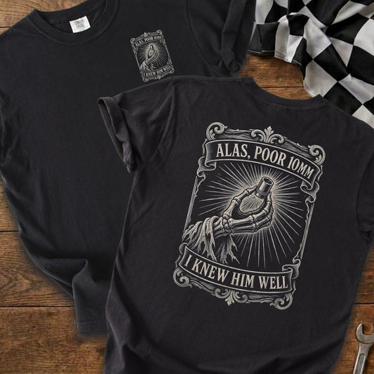 Black t-shirt with a skeleton hand holding a 10mm socket and text.