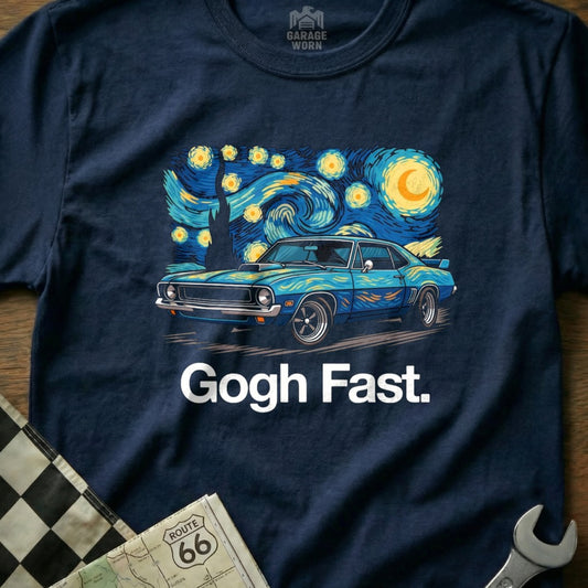 Blue Chevrolet Camaro in Starry Night style with "Gogh Fast." text.