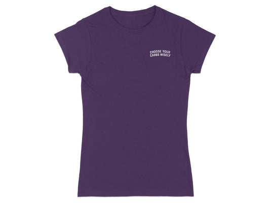 Purple t-shirt with "CHOOSE YOUR CARBS WISELY" text on left chest.