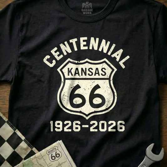 Black t-shirt with white Route 66 Centennial Kansas 1926-2026 graphic.