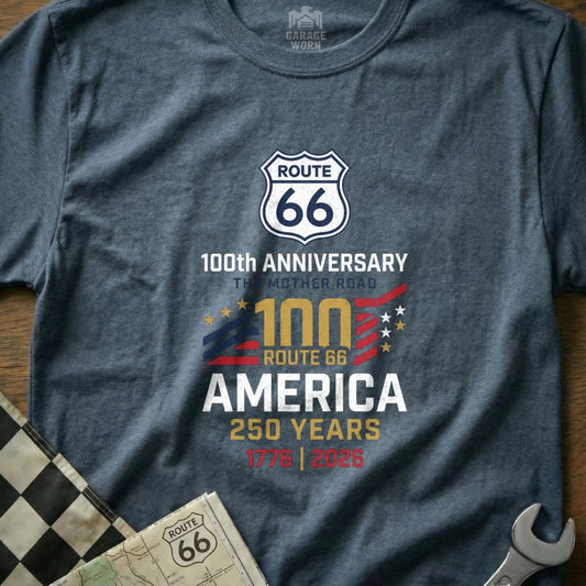 Route 66 100th Anniversary t-shirt with "100 AMERICA 250 YEARS" text.