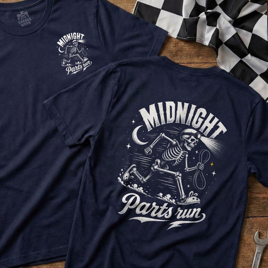 Navy t-shirt with skeleton graphic featuring "Midnight Parts run" text.