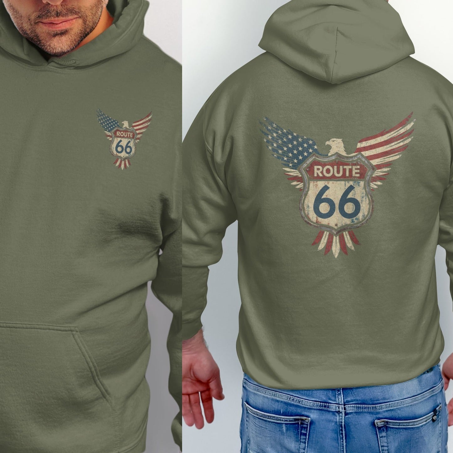 Olive green hoodie with Route 66 logo on front and back.