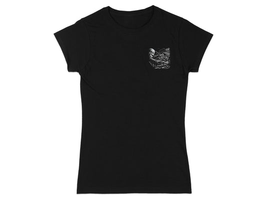 Black t-shirt with a small skull playing a piano graphic on the left chest.
