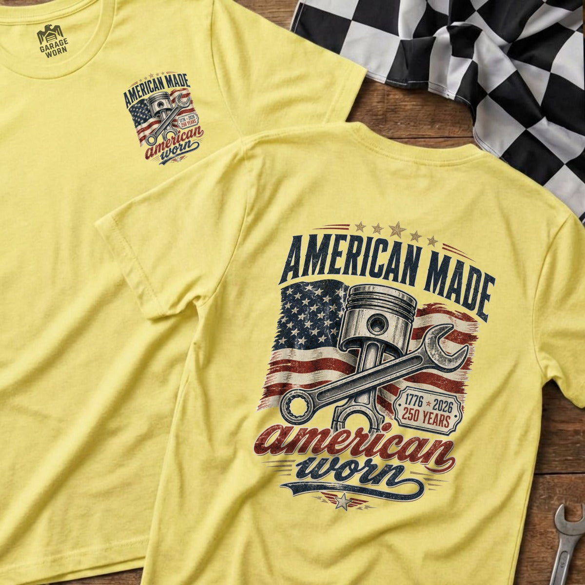 Yellow t-shirt with "American Made" and piston graphic, checkered flag detail.