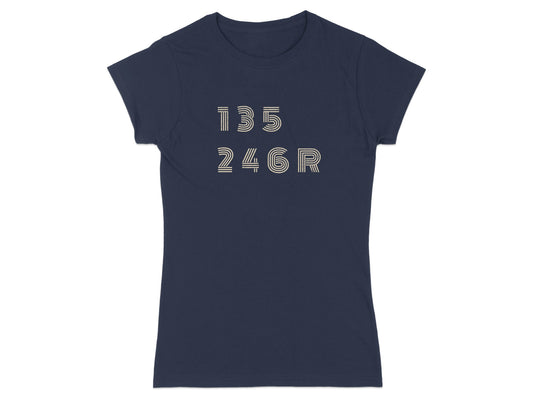 Navy t-shirt with white text reading "135 246R".