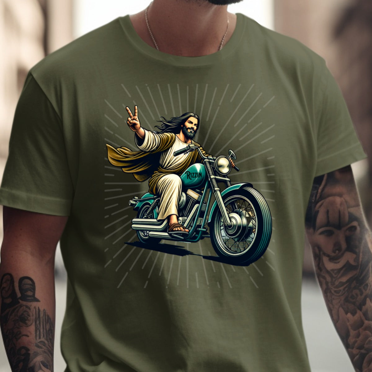 Jesus Riding Motorcycle Graphic T-Shirt Product