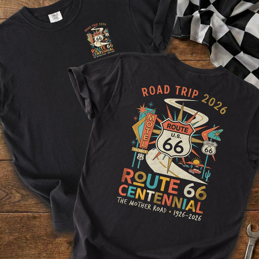 T-shirt with Route 66 Centennial graphic and Road Trip 2026 text.