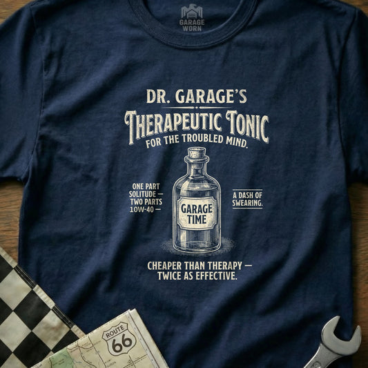 Navy t-shirt with "Dr. Garage's Therapeutic Tonic" and humorous instructions.