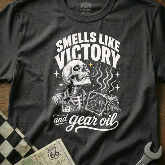 Smells like Victory and Gear Oil dark t-shirt with skeleton mechanic atrous gear.