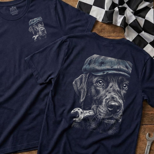 Black Labrador wearing a flat cap and holding a wrench in its mouth.