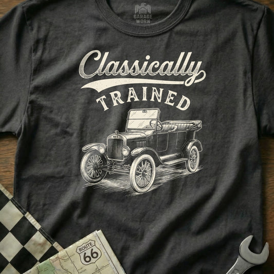 Dark grey t-shirt with "Classically TRAINED" text and vintage car graphic.