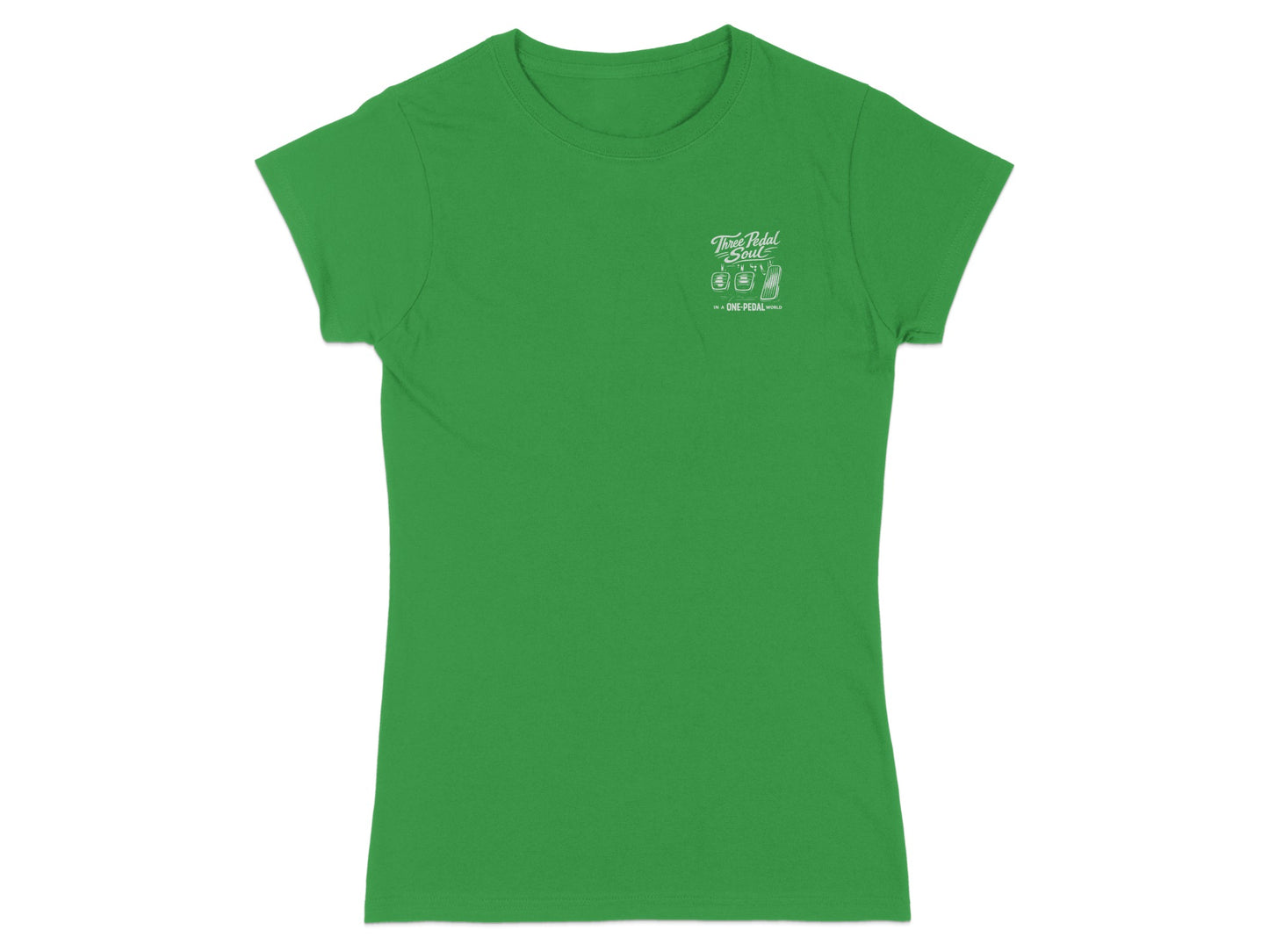 Green t-shirt with "Two Pedal Soul" logo and bicycle pedals graphic.