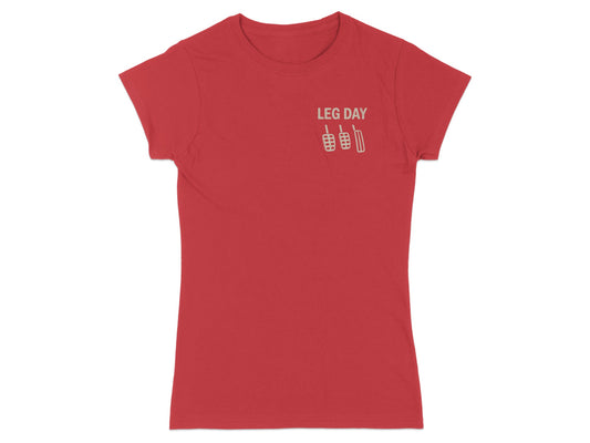Red t-shirt with "LEG DAY" text and pedal graphic.