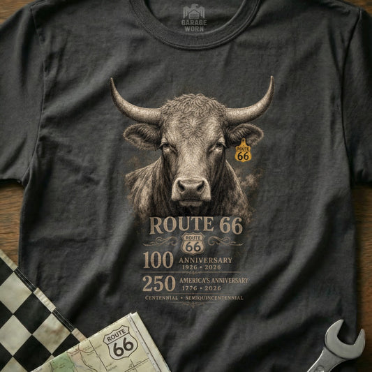 T-shirt with bull graphic and Route 66 100th anniversary text.