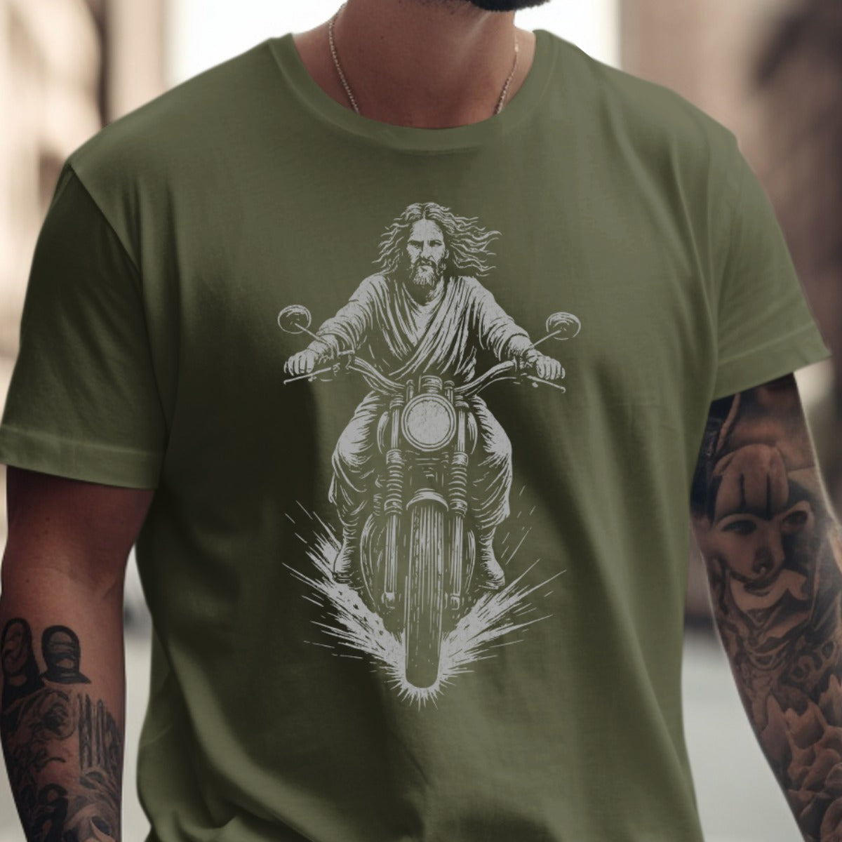 Jesus Riding Motorcycle Graphic Short Sleeve T-shirt product