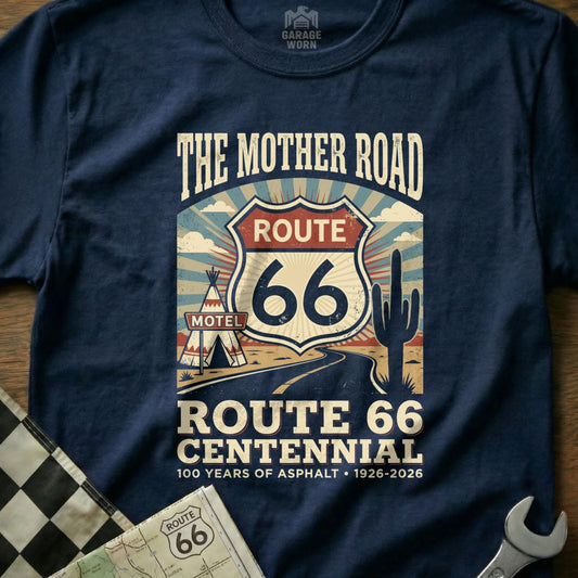 Route 66 Centennial t-shirt featuring motel, cactus, and road design.