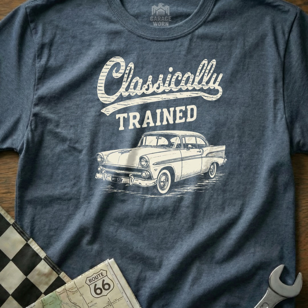 T-shirt with "Classically Trained" text and a vintage car graphic.