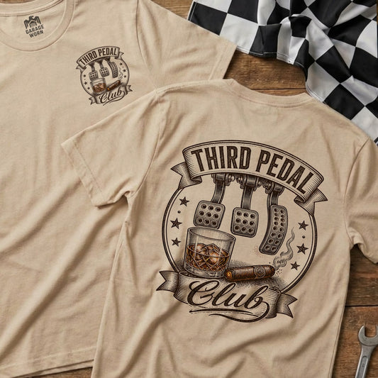 Beige t-shirt with "Third Pedal Club" graphic featuring pedals, whiskey, and cigar.