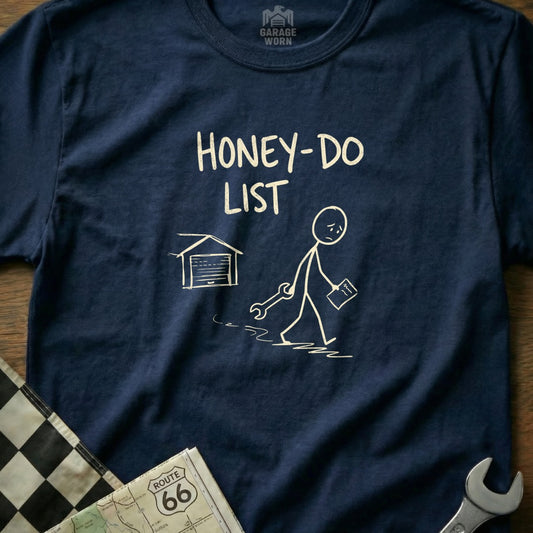 T-shirt with "HONEY-DO LIST" text and a stick figure carrying tools and a list.