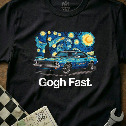 Blue 1969 Camaro with "Gogh Fast." text over Van Gogh's Starry Night.