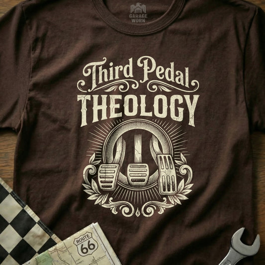Brown t-shirt with "Third Pedal Theology" and clutch, brake, gas pedals design.