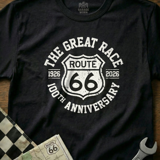 Black t-shirt with "The Great Race Route 66 100th Anniversary 1926 2026" text.