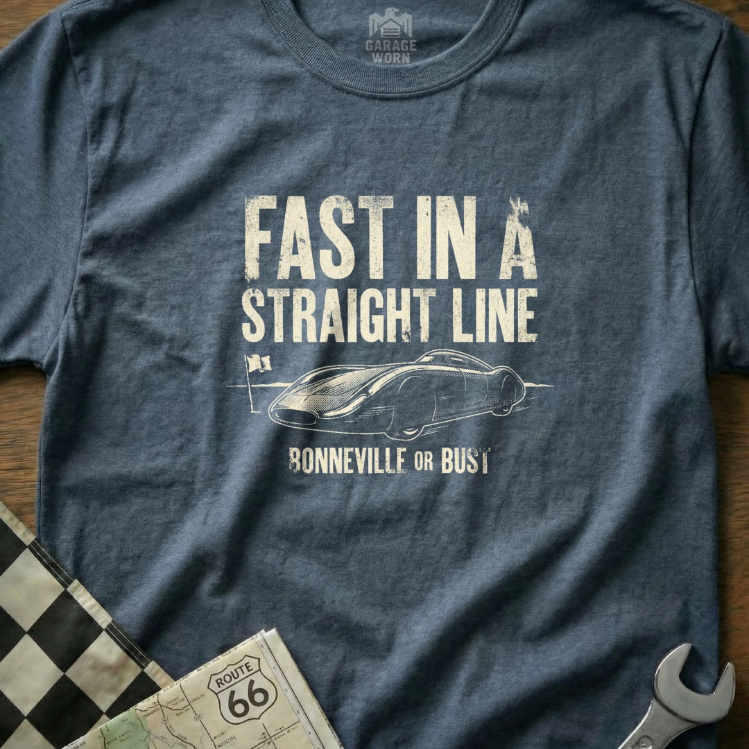 T-shirt with "Fast in a Straight Line" and Bonneville car graphic.