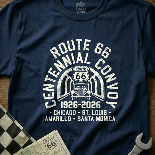 Navy t-shirt celebrating Route 66 Centennial Convoy 1926-2026.