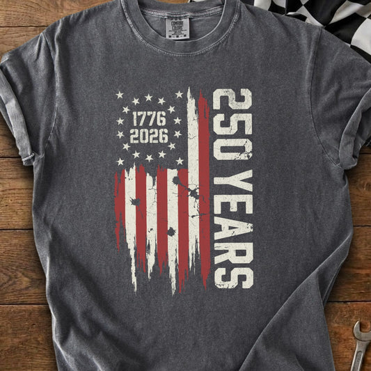T-shirt features a distressed American flag with "1776 2026" and "250 YEARS" text.
