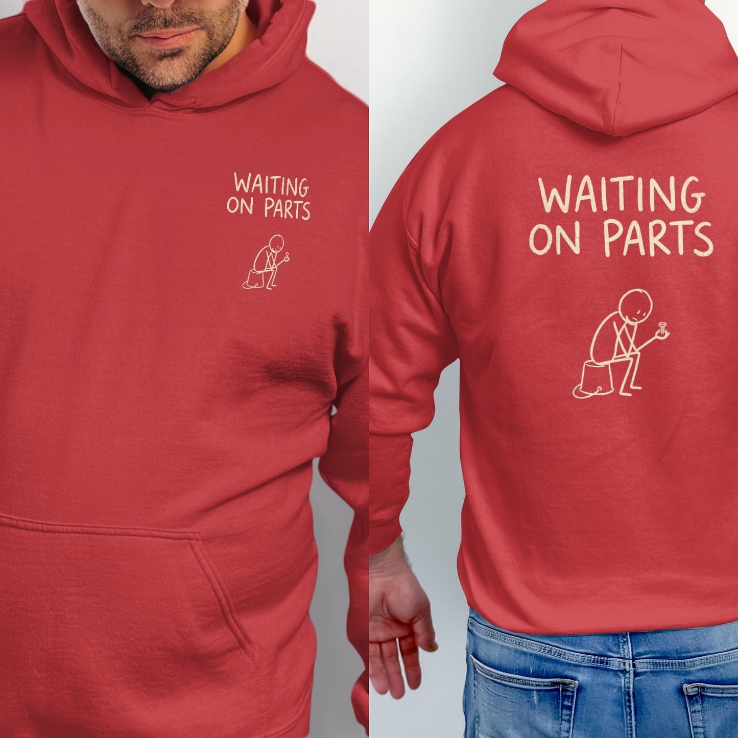 Red hoodie with "WAITING ON PARTS" and a stick figure sitting on a bucket.