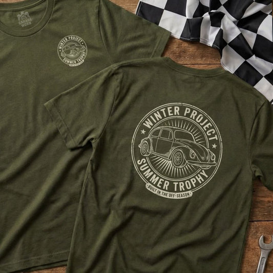 Olive green t-shirt with "Winter Project Summer Trophy" circular graphic.