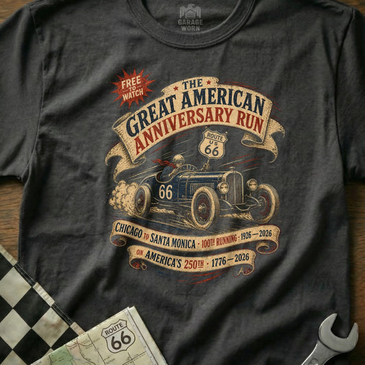 T-shirt design for the Great American Anniversary Run, featuring a vintage car and Route 66.
