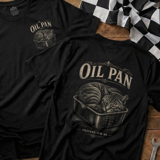 Black t-shirt with "Oil Pan" graphic of a cat sleeping in an oil pan.