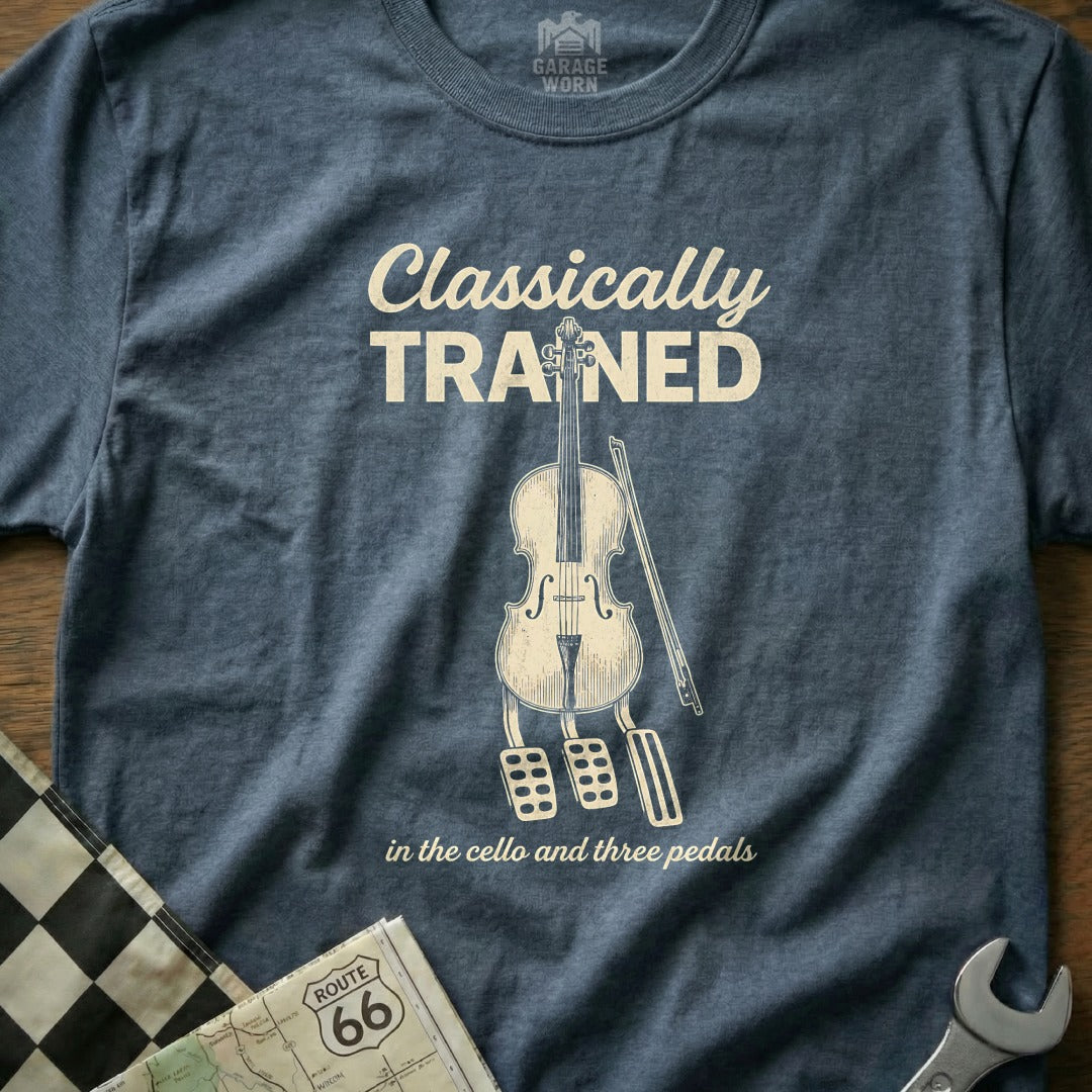 T-shirt with a cello, pedals, and text "Classically Trained".